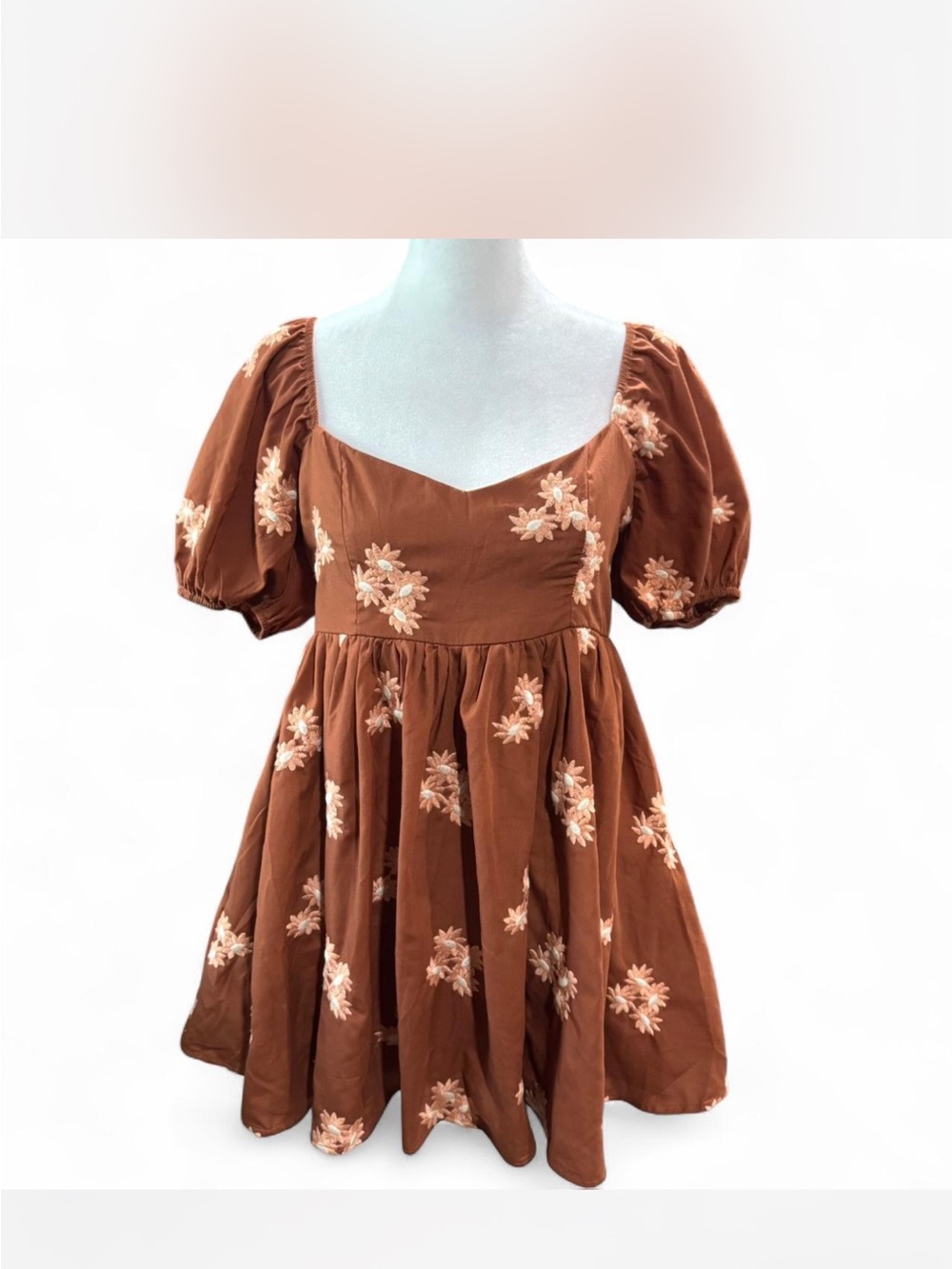 Altar'd State Brown Puff-Sleeve Embroidered Mini Dress